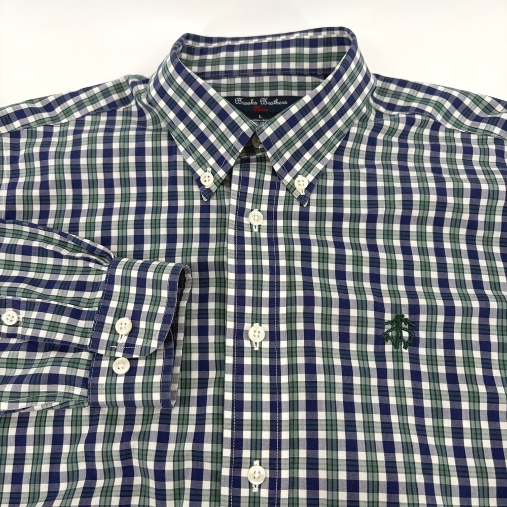 Brooks Brothers Fleece Mens L Non-Iron Check‎ Button Down Shirt Green Navy Blue